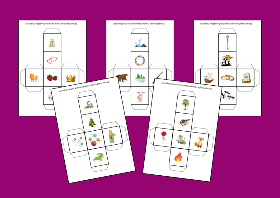 KOSTKA lekturowa - IKONKI - 5 wersji - lektury - powtórka - egzamin