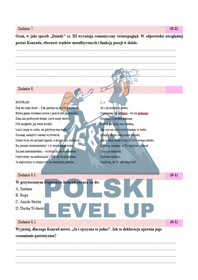 Test (35 zadań+ podpunkty+tematy wypracowań P +R)_Dziady cz. III_Polski Level Up