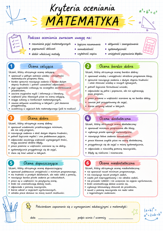 Przedmiotowe Zasady Oceniania z matematyki – wklejki dla uczniów