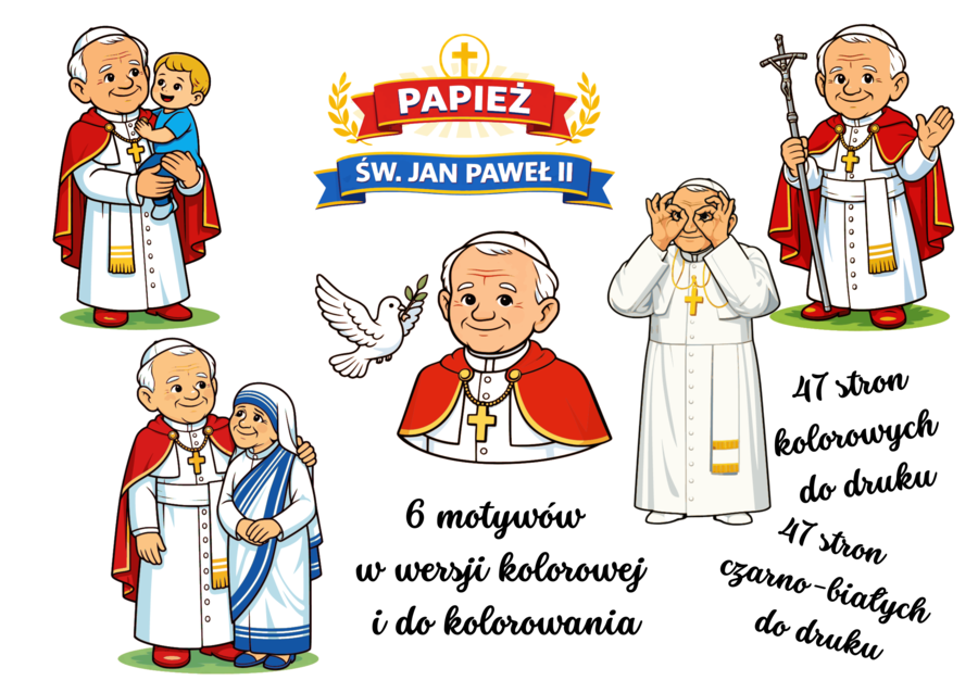 Św. Jan Paweł II – gazetka szkolna + kolorowanki (47 + 47 stron)