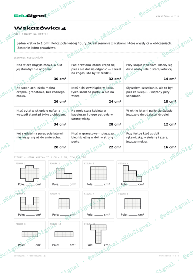 Matematyczne Biuro Śledcze — gra dedukcyjna, klasa 5 (działania pisemne, pole figury, jednostki + klucz)