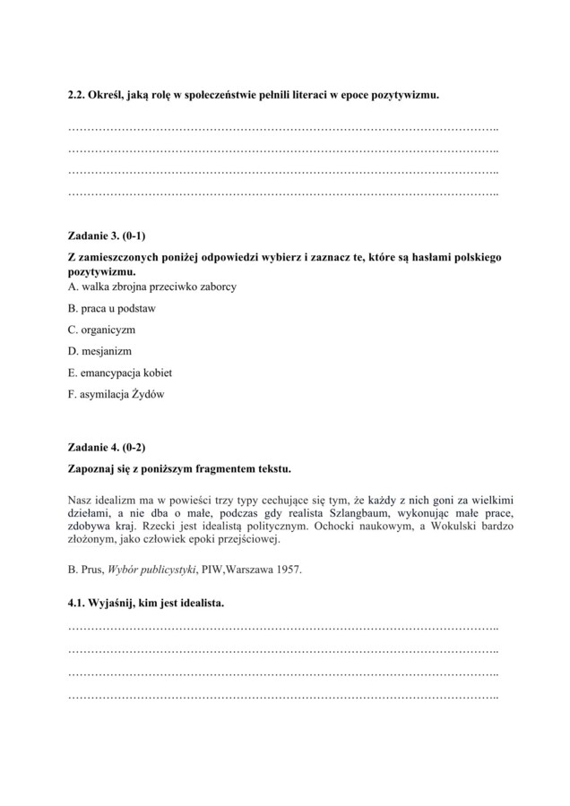 📃Test historycznoliteracki – język polski – matura  Pozytywizm