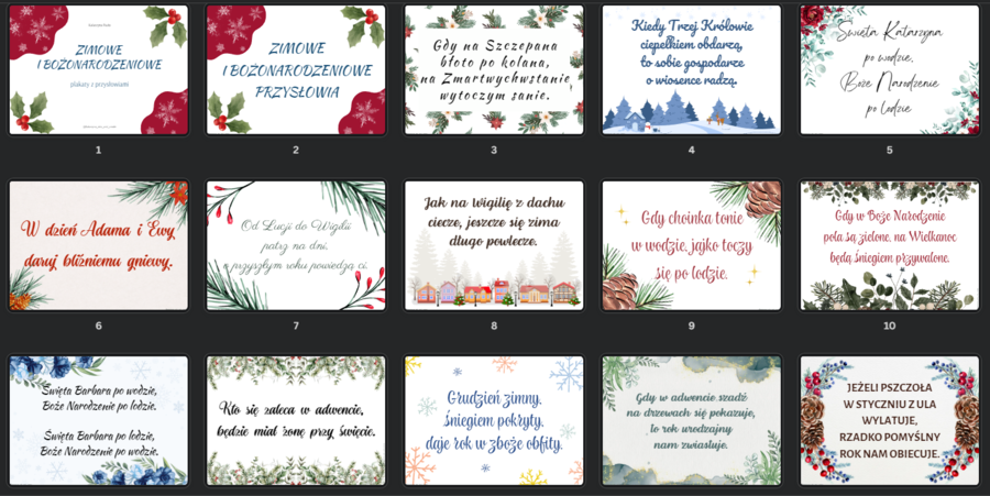 Zimowe i bożonarodzeniowe plakaty z przysłowiami