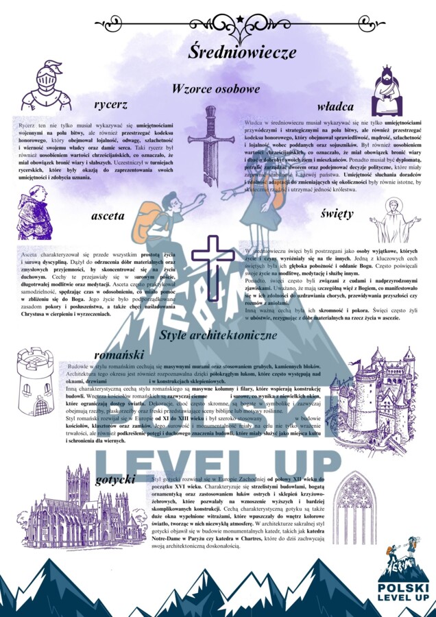 średniowiecze_pakiet 3 elementów (opracowanie lektur i epoki+ test+fiszki)_Polski Level Up