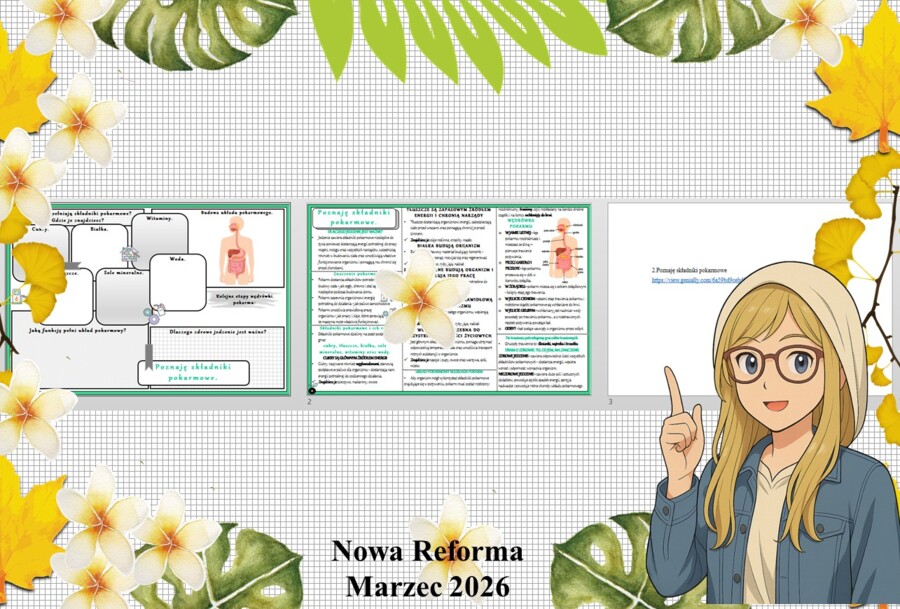 Mały zestaw na jedną lekcję: sketchnotka/notatka/przypomnienie dla nauczyciela, karta pracy plus prezentacja multimedialna „Poznaję składniki pokarmowe” w genial.ly. Przyroda "Odkrywam przyrodę". Klasa 4. Dział „Jak działa moje ciało?".