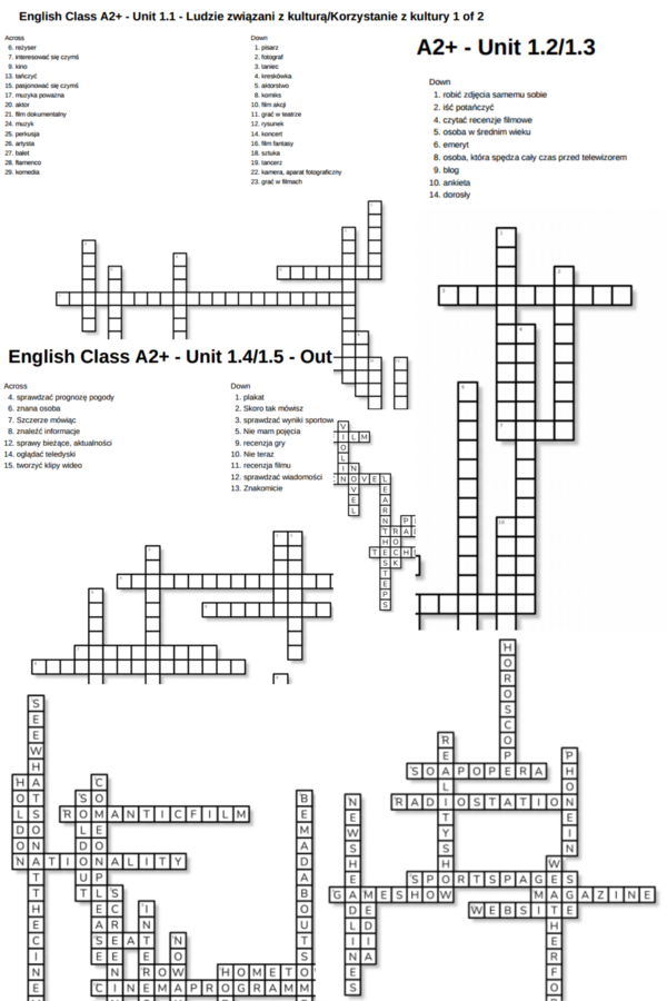 English Class A2+ – Unit 1 – krzyżówki – Ludzie związani z kulturą_Korzystanie z kultury/1.2_1.3/Out of class