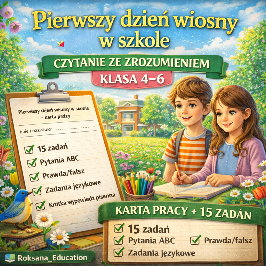 🌷 Pierwszy dzień wiosny w szkole – czytanie ze zrozumieniem (klasa 4–6) | karta pracy + 15 zadań