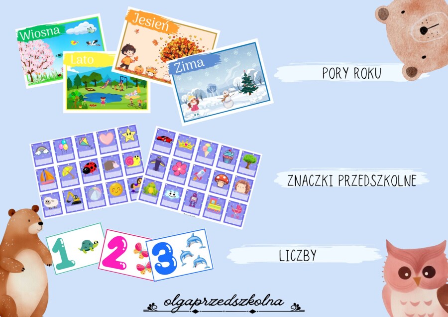 Zestaw przedszkole - gazetka. (pory roku, dni tyg., znaczki, girlanda...)