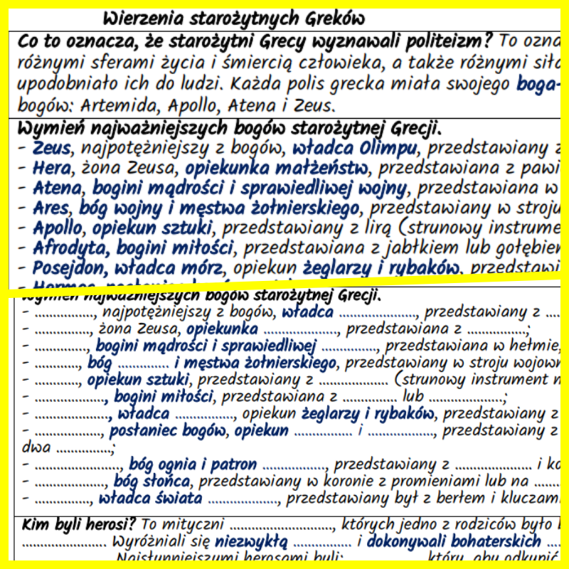 Wierzenia starożytnych Greków – notatki i karta pracy