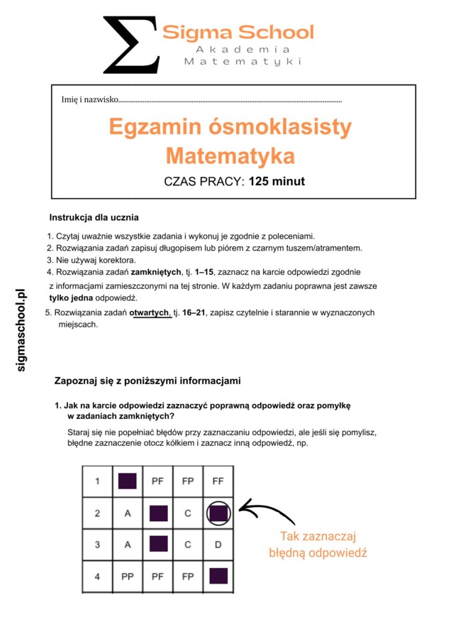 Próbny Arkusz Ósmoklasisty – Matematyka 2026 – Zgodny z CKE (+ Odpowiedzi)