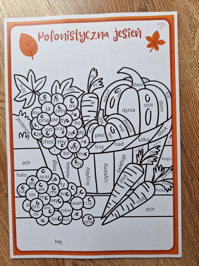 Kolorowanka - polonistyczna jesień, części mowy