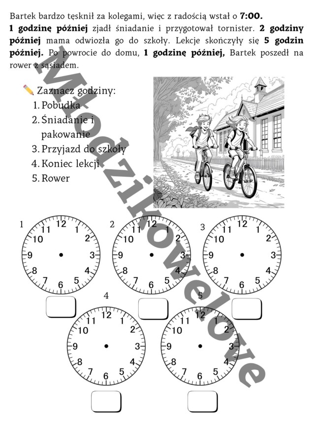 Czas i zegar- czytanie ze zrozumieniem, uzupełnianie