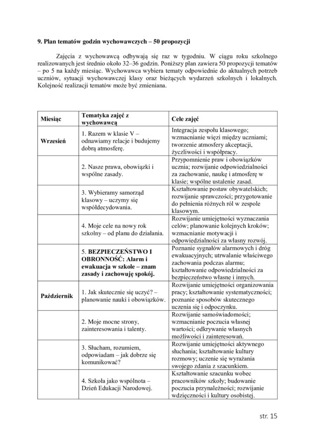 PLAN PRACY WYCHOWAWCZEJ dla klasy V na rok szkolny 2026/2027