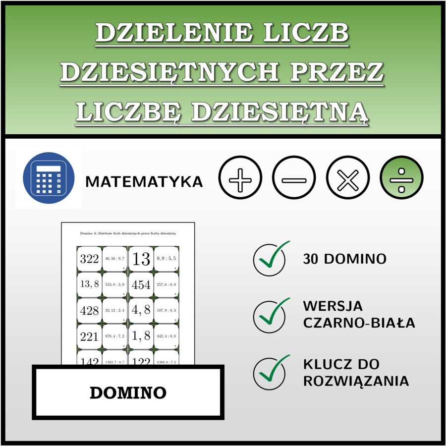 Domino - Dzielenie liczb dziesiętnych przez liczbę dziesiętną | matematyka