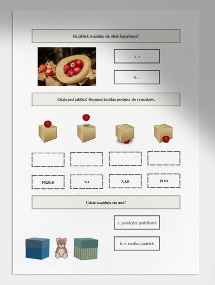 Na, pod, w, za, przed, obok, wewnątrz, na zewnątrz. Karta pracy. Sprawdzian