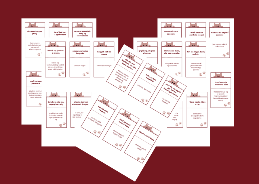 🖤🐱DZIEŃ KOTA - frazeologizmy - ZWIĄZKI FRAZEOLOGICZNE - przysłowia- fiszki – 30 szt. kl. 4-8 – egzamin – powtórzenie- ćwiczenia – frazeologizmy - Dzień Czarnego Kota
