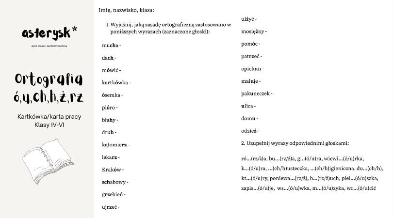 Zasady ortograficzne (ó,u,ch,h,rz,ż) - kartkówka/karta pracy