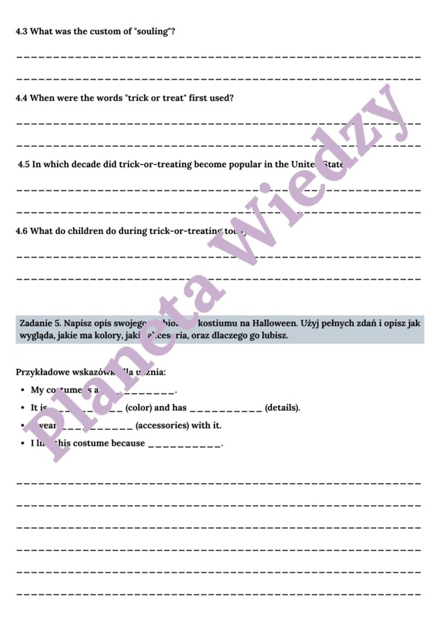 🎃👻KARTA PRACY – HALLOWEEN – SŁOWNICTWO 🎃👻- KLASY 4-8 SZKOŁY PODSTAWOWEJ- WYKREŚLANKA, BUDOWANIE ZDAŃ, POZNAJ TRADYCJE HALLOWEEN, OPISZ SWOJE HALLOWEEN, CZYTANIE TEKSTU, SPEAKING + ODPOWIEDZI