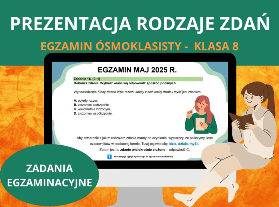 Prezentacja – rodzaje zdań: zdanie pojedyncze, złożone, równoważnik zdania, imiesłowowy równoważnik [PPTX] - egzamin ósmoklasisty, zadania egzaminacyjne, E8, gramatyka