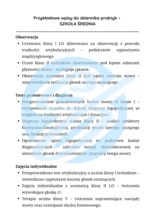 Logopeda – przykładowe wpisy do dziennika praktyk