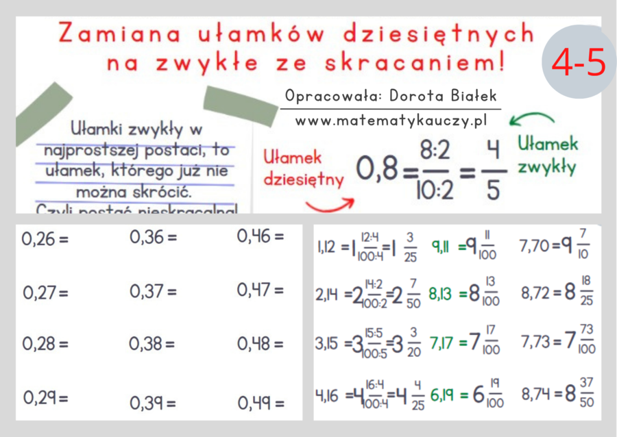 Zamiana ułamka dziesiętnego na ułamek zwykły ze skracaniem / KARTY PRACY kl.4 – kl.5 PDF + ROZWIĄZANIA