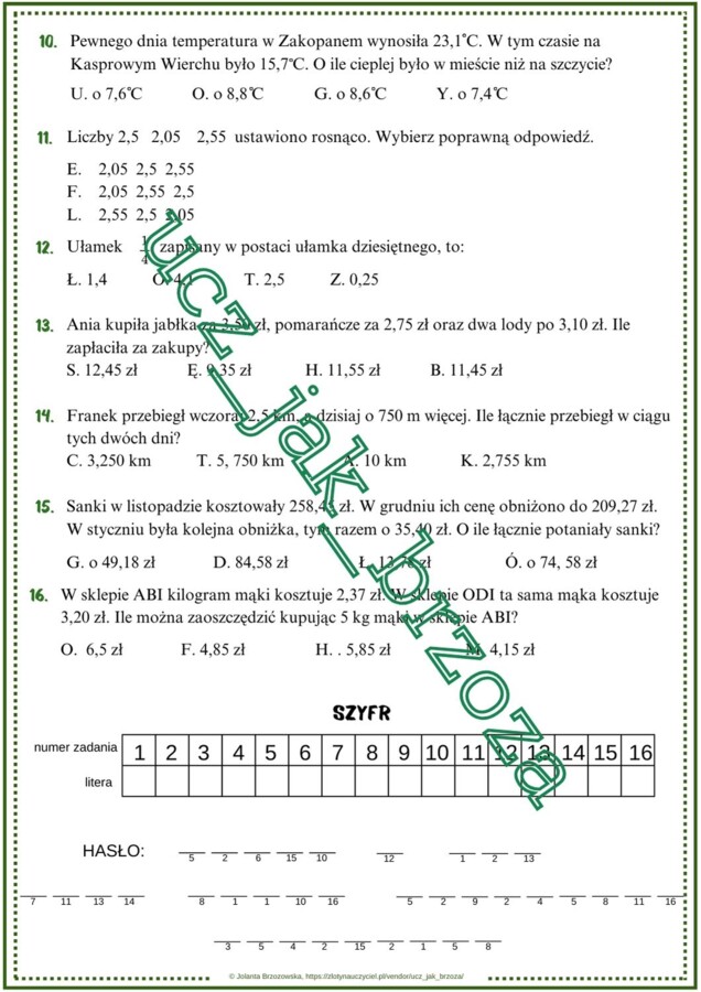 Ułamki dziesiętne, klasa 4, powtórzenie wiadomości, karta pracy z hasłem, rewalidacja, dzień tolerancji