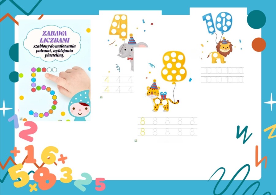 NAUKA LICZB. PRZYGOTOWANIE RĘKI DO NAUKI PISANIA. ZBAWA LICZBAMI. SZABLONY DO MALOWANIA PALCAM, WYKLEJANIA PLASTELINĄ.