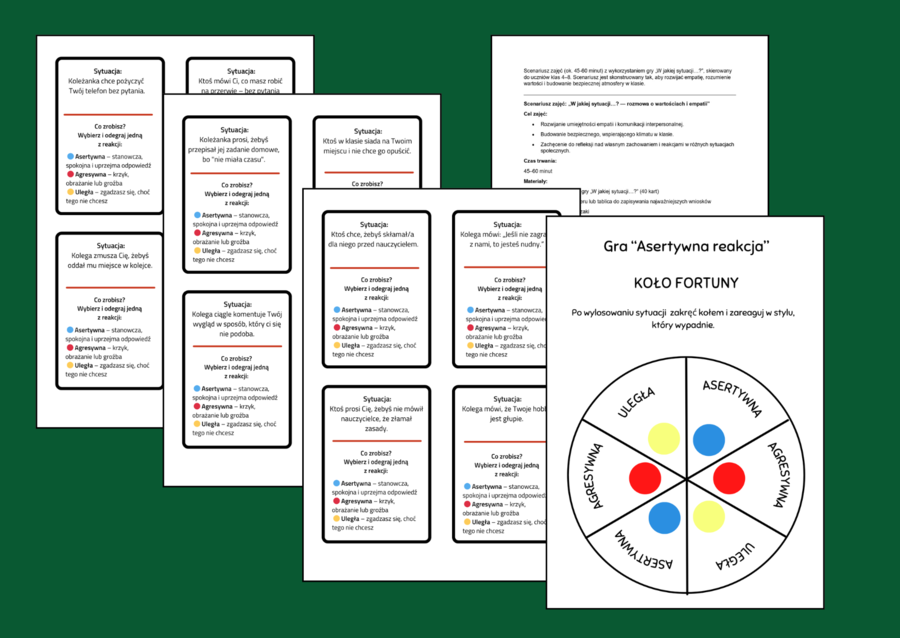 Gra "ASERTYWNA REAKCJA" – nauka asertywności przez zabawę - zajęcia z wychowawcą - ASERTYWNOŚĆ - gra