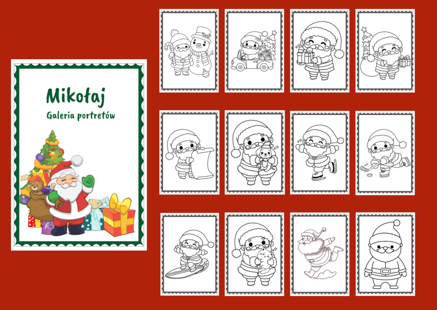 MIKOŁAJKI – Boże Narodzenie - Galeria portretów - kolorowanka - kolorowanki – biblioteka – świetlica – przedszkole – 24 wersje