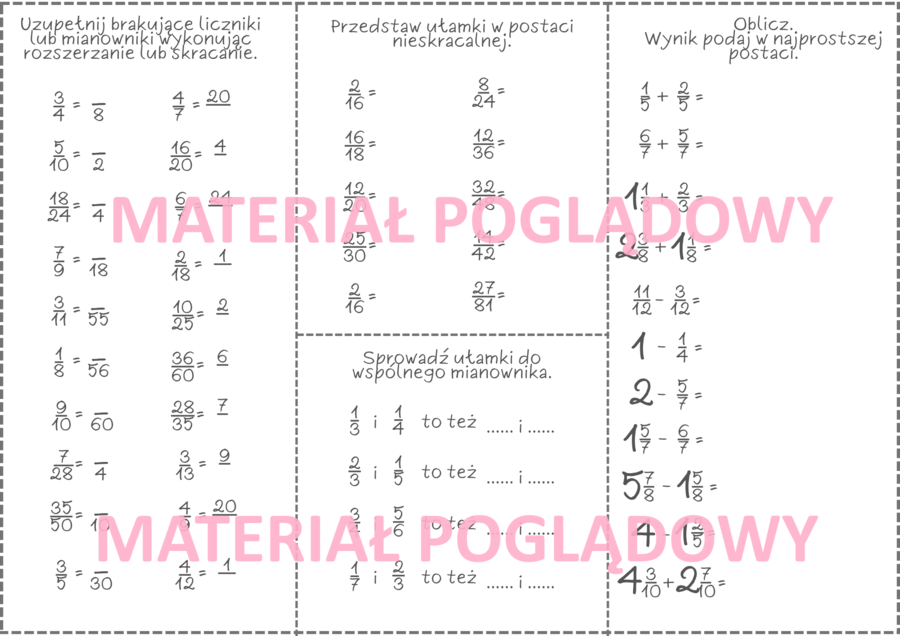 Powtórzenie wiadomości (karta pracy) - ułamki zwykłe klasa 4