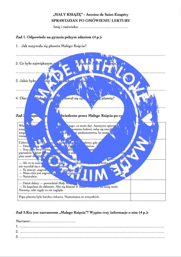 "Mały Książę" SPRAWDZIAN po omówieniu lektury
