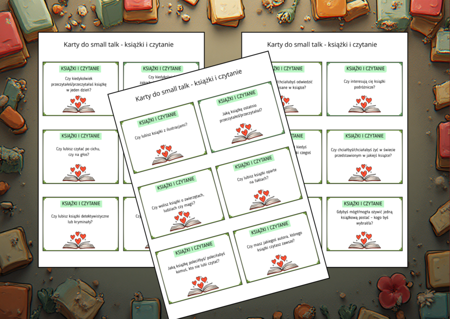 📚❤️ Karty Small Talk – KSIĄŻKI i CZYTANIE - 60 pytań - TUS - biblioteka - język polski - zajęcia z wychowawcą
