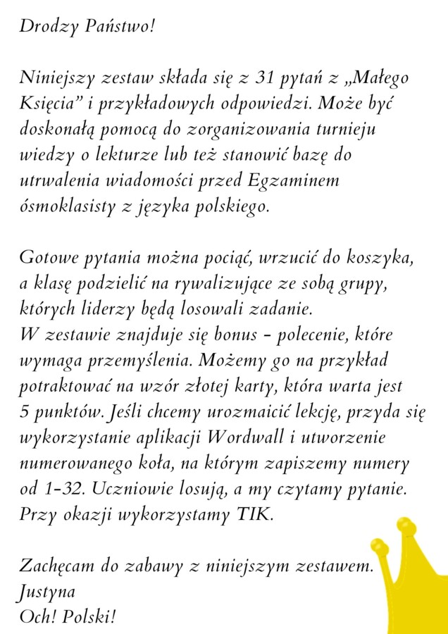 ,,Mały Książę" zestaw 32 pytań + odpowiedzi! Turniej z lektury i trening przed E8! Hit!