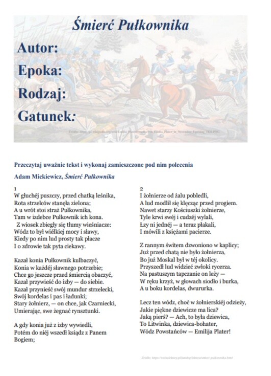 Karta pracy "Śmierć Pułkownika"