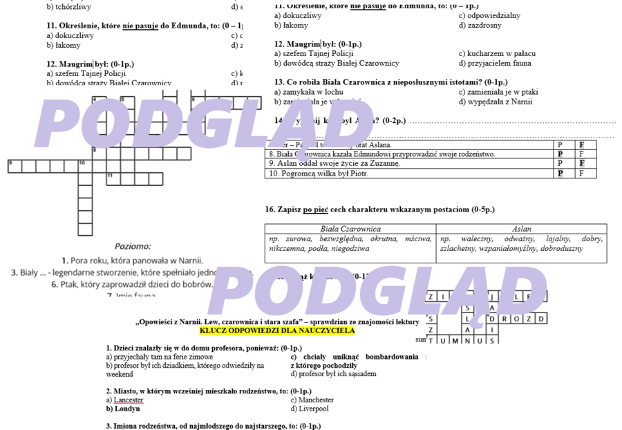 Opowieści z Narnii - sprawdzian ze znajomości lektury, test + klucz odpowiedzi
