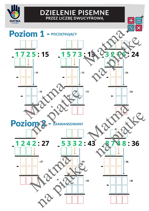 DZIAŁANIA PISEMNE - PAKIET/Dodawanie pisemne/Odejmowanie pisemne/Mnożenie pisemne/Dzielenie pisemne/Karty pracy/Klasa 4 SP./ Klasa 5 SP./ Klasa 6 SP.