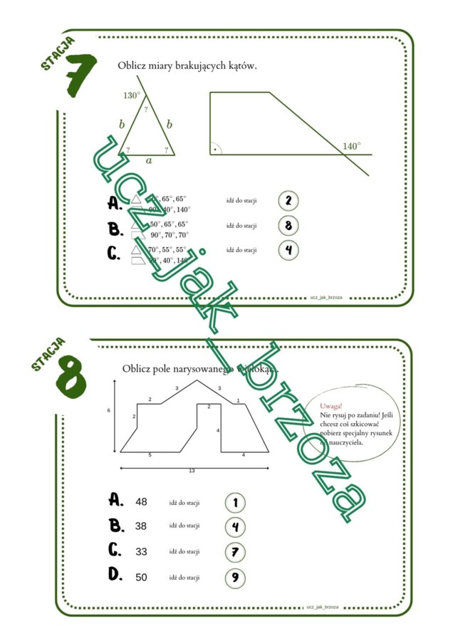 Powtórzenie wiadomości po klasie 6, klasa 7, stacje zadaniowe, praca w grupach