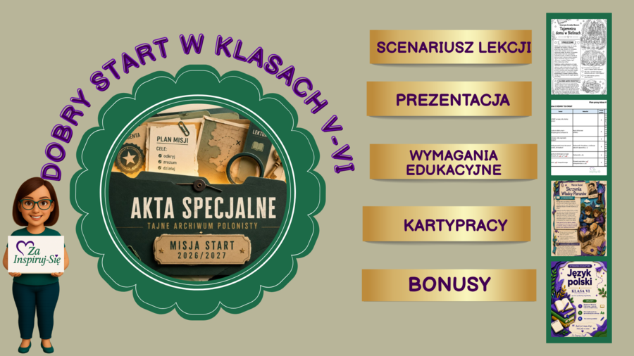 Scenariusz pierwszej lekcji języka polskiego w klasach V-VI  | wymagania edukacyjne| prezentacja| karty pracy