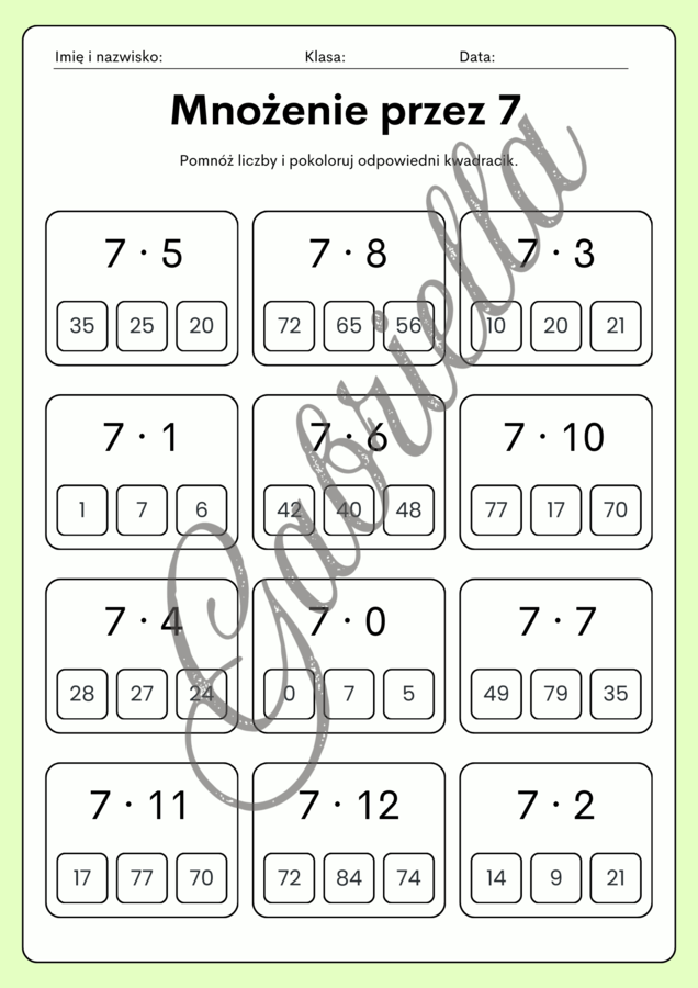 Karta pracy - mnożenie przez 6,7,8 oraz 9.