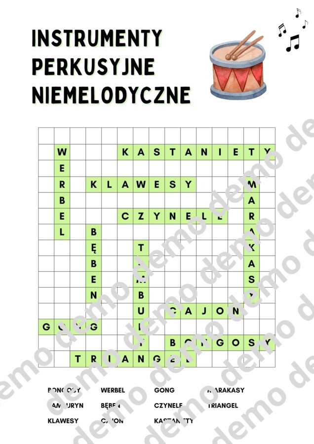 Muzyka, klasa 4. Instrumenty perkusyjne. Karty pracy: dwie wykreślanki.