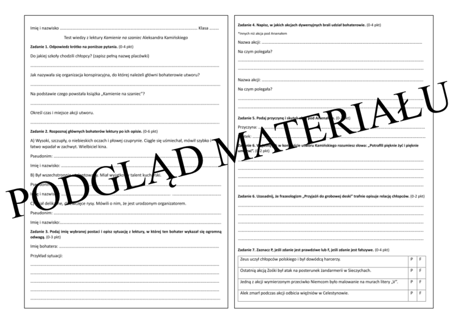 Sprawdzian z lektury Kamienie na szaniec + klucz odpowiedzi