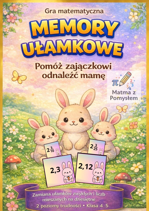 Memory ułamkowe – zamiana ułamków zwykłych i liczb mieszanych na liczby dziesiętne – gra matematyczna wielkanocna klasa 4–5