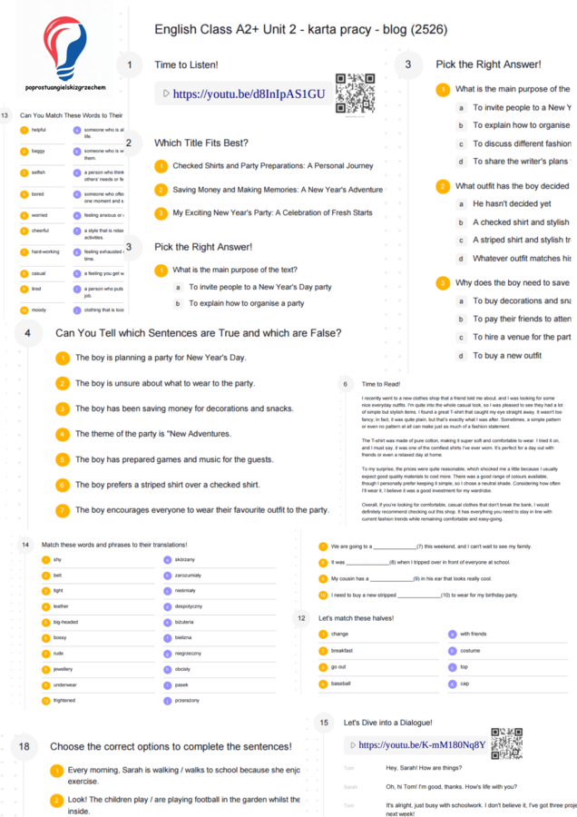 English Class A2+ – Unit 2 – karta pracy