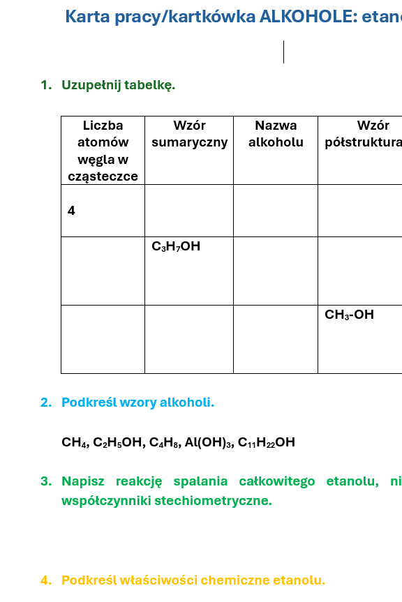 Karta pracy/kartkówka Alkohole: metanol, etanol
