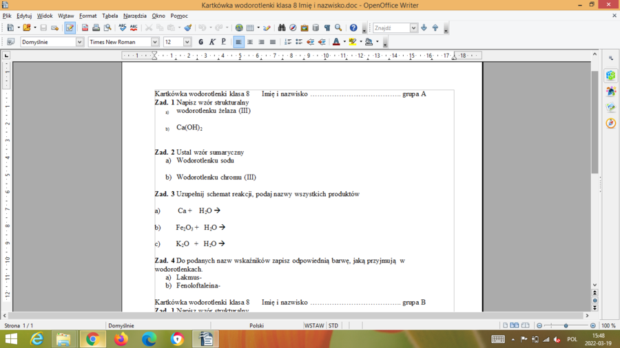 Kartkówki z chemii - kwasy, zasady, sole