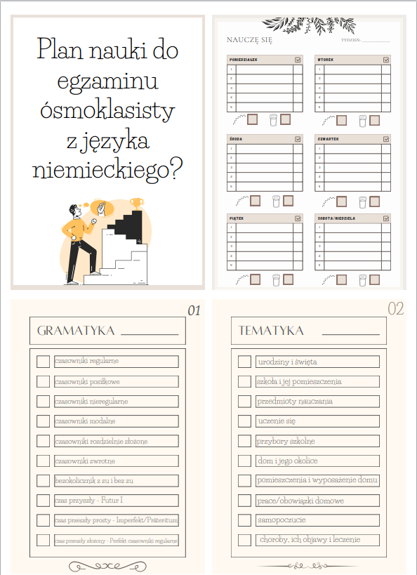 Egzamin ósmoklasisty z języka niemieckiego krok po kroku - zaplanuj i zdaj na luzie - planer przygotowujący do E8 j. niemiecki