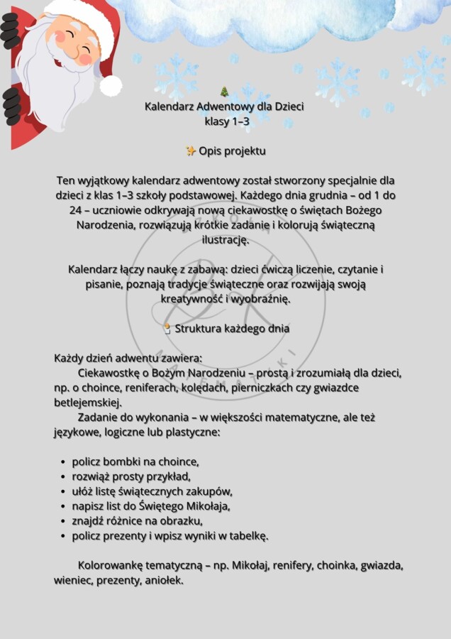 Kalendarz adwentowy z zadaniami i kolorowankami - klasy 1-3