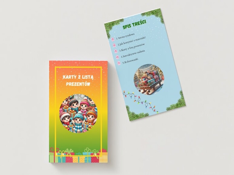 Karty z listą prezentów. Wesołe karty z obrazkami prezentów.
