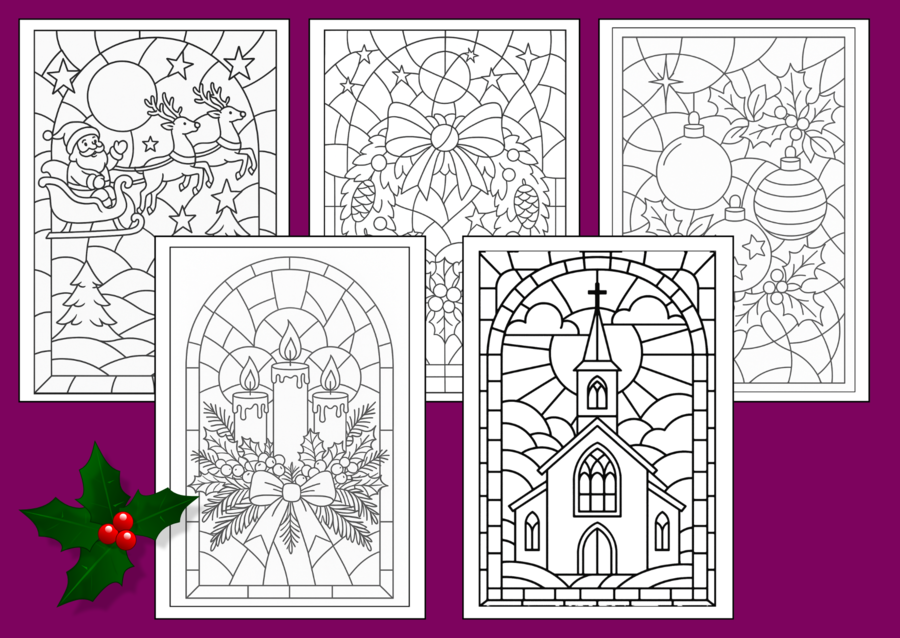 🎄✨🎅❄️Świąteczne WITRAŻE – Kolorowanki (34 szt.) - 🎀🌲Boże Narodzenie - zima - biblioteka - świetlica
