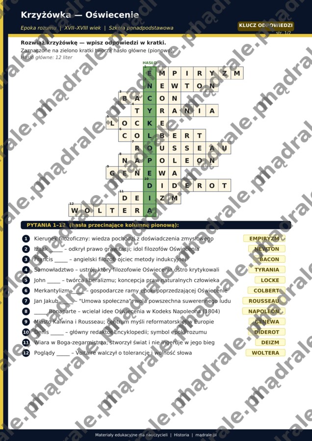 Krzyżówka „Oświecenie” + karta pracy + klucz odpowiedzi